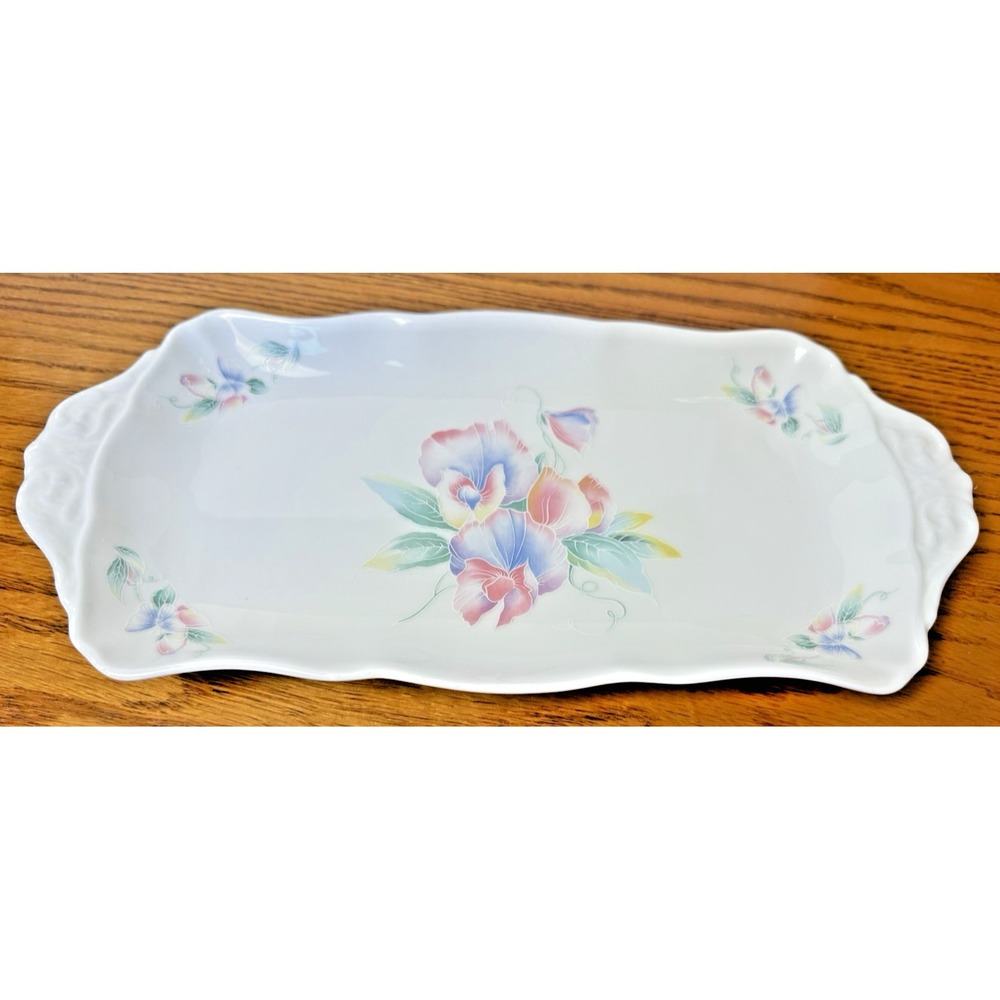 Vintage Floral Serving Tray Platter Hand Painted Ceramic Handled Mid Century